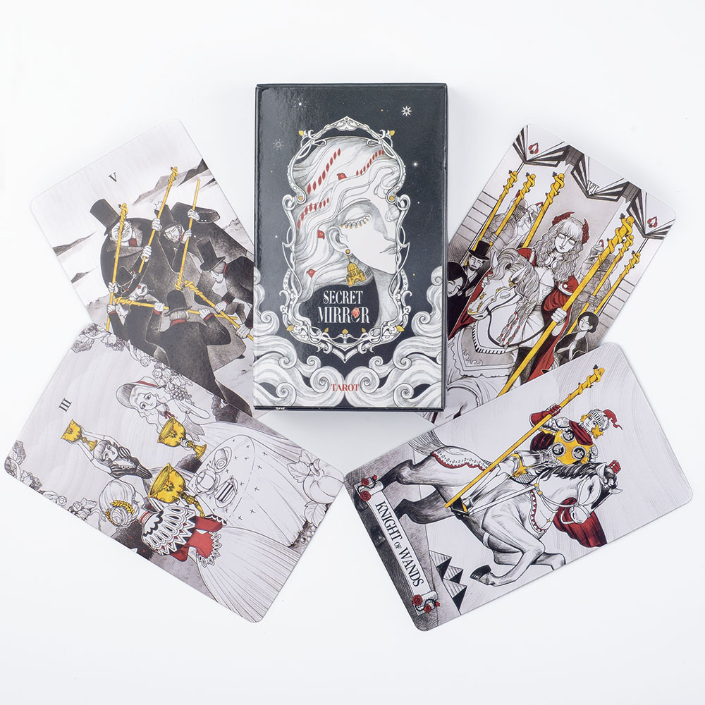 Tarot Cards Deck With Guidebook - シークレットミラータロットカード 10.3*6cm モノクロームの世界で豊かな象徴性を備えたフェミニンアートタロット：黒、白、赤、金