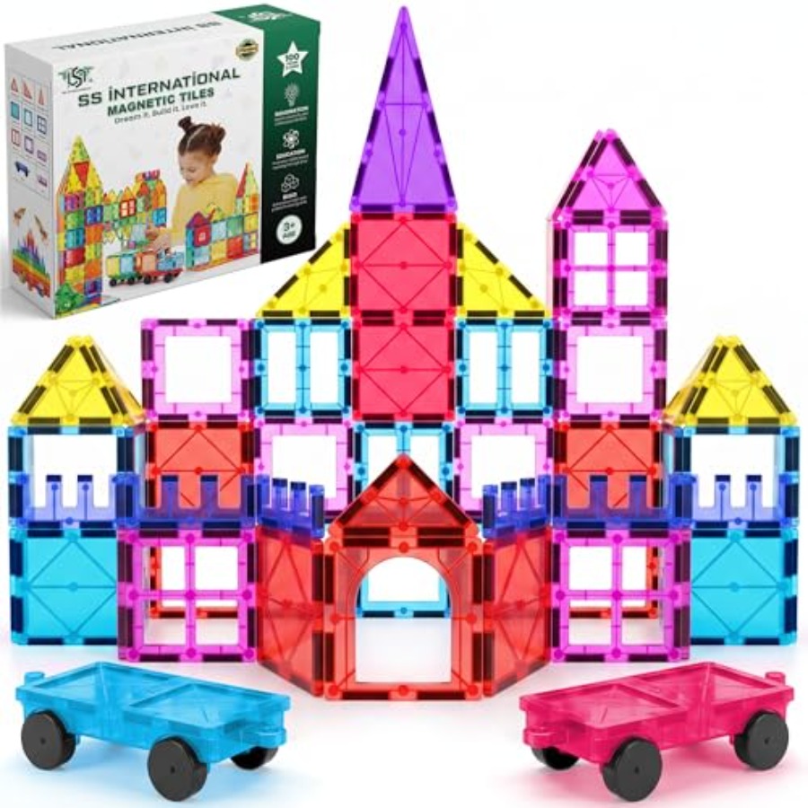 磁気タイル組み立てセット 100ピース 2台の車付き STE - Magnetic Building Tiles Set 100Pcs のレビューと価格
